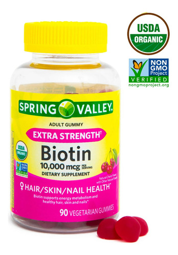 Biotin Spring Valley 10,000 Extra Strength C/90 Veg Gummies Sabor Cereja