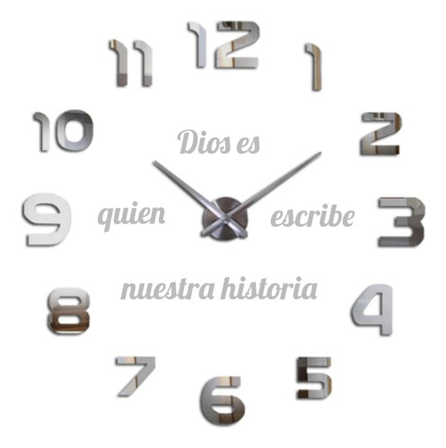 Reloj De Pared 3d + Frase En Vinilo Color Plateado 