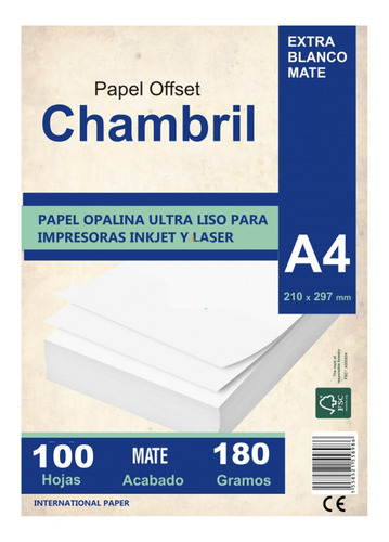 Papel Opalina A4 180 Gramos Chambril Inkjet Y Laser 100hojas