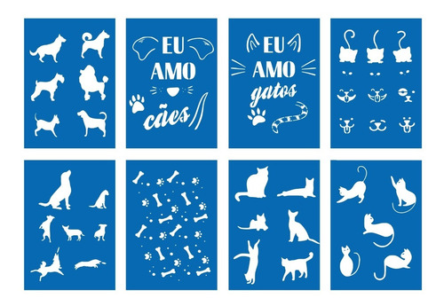 Kit Stencil 8 Peças Cães E Gatos Pintura - Tam. 20x14 Cm