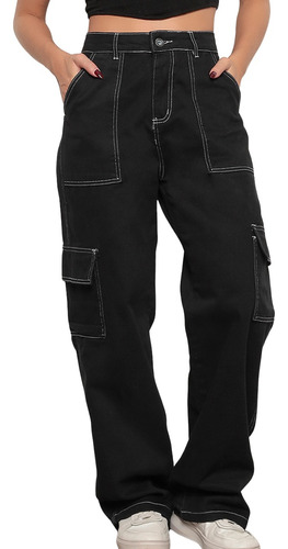 Calça Cargo Feminina Costura Contraste Folgada Casual Black