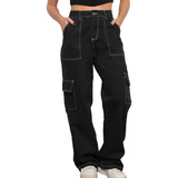 Calça Cargo Feminina Costura Contraste Folgada Casual Black