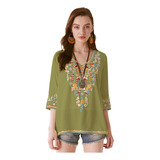 Tops De Muje Mexicana Blusas Bohemia Camisa Bordada Tops