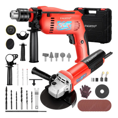 Kits De Taladro Impacto Y 125MM Amoladora Angular FAGHTO 1200W Taladro Rotomartillo Cincelador Perforador Industrial Electrico Y Esmeriladora Angular Eléctrica 14000Rpm Con 37 Accesorios | Envío gratis