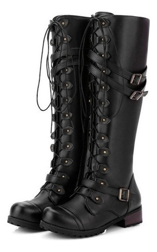 Botas De Combate De Cuero Steampunk Con Hebillas Y Cordones