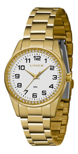 Relógio Feminino Lince Dourado Com Strass Original Analógico