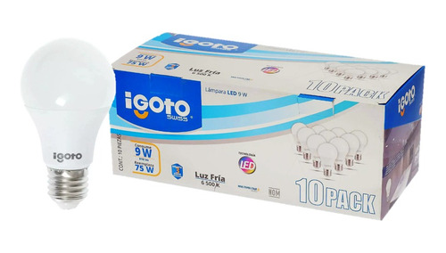 Pack De 10 Focos Led 9w Luz Fria 6500k Base A27 A19 Igoto 