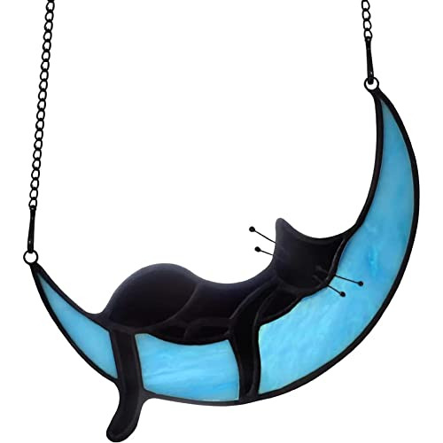 Gato Negro Durmiendo En La Luna Colgantes De Ventana Teñido