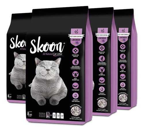 Skoon® Arena Para Gato 4 Pack Edición Especial Lavanda X 14.4kg De Peso Neto  Y 3.6kg De Peso Por Unidad