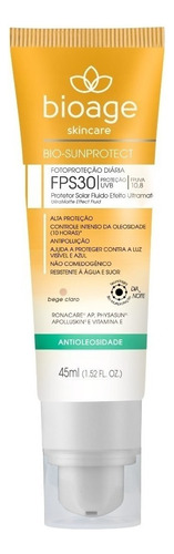 Protetor Solar Toque Pele Oleosa Toque Seco Fps30 Bioage Tonalidade Bege Claro 45ml