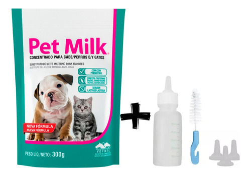 Leite Gatos Cães Filhotes Pet Milk 300g + Kit Mamadeira 50ml