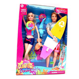 Muñeca Surfista Barb Y Ken Musica + Mascota + Delfin + Tabla
