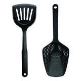 Espátula Para Fritura E Colher Escorredor Cozinha Yazi Nylon Cor Preto