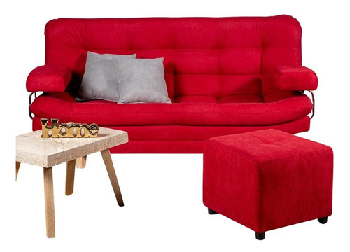 Sofa Cama Valencia Rojo + Puff + 2 Cojines Tela Antirasguño