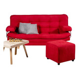 Sofa Cama Valencia Rojo + Puff + 2 Cojines Tela Antirasguño