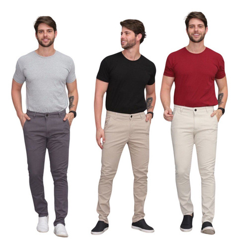 Kit 3 Calças Jeans Masculina Sarja Skinny Esporte Fino Lycra