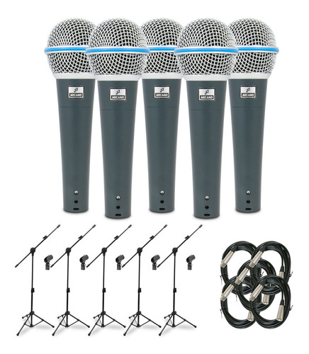 Kit 5 Mics Arcano Rhodon-8 Kit Com Cabo Xlr + 5 Pedestais