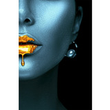 Quadro Mulher Dourada Azul Lábios Decoração Enorme 150x100