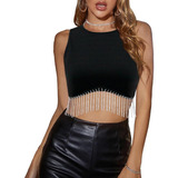 Crop Top Sexy Blusa Corta Con Flecos Brillantes