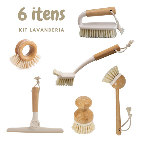 Kit 6 Peças Lavanderia Escovas E Rodo Branco E Bambu Oikos