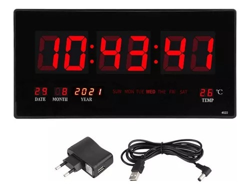 Reloj Digital Pared Luz Led Hora Fecha Temperatura 47x23cm