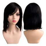 Peruca Cabelo Humano Curta Preto Franja Chanel Lisa 30cm