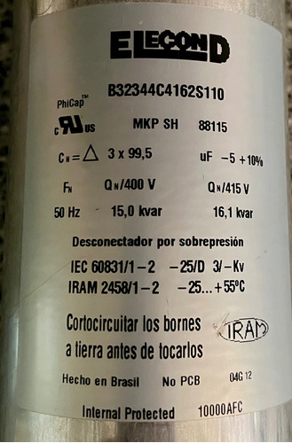 Capacitor Trifasico 15 Kvar X 400 V Marca Elecond 