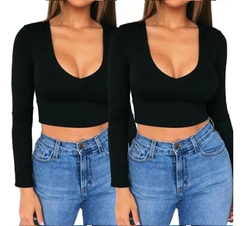 2pzs Blusa Corta Ajustada De Color Liso De Moda Para Mujer