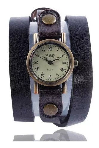 Reloj Vintage Dama Números Romanos, Doble Envoltura En Cuero