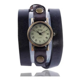 Reloj Vintage Dama Números Romanos, Doble Envoltura En Cuero