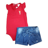 Conjunto Feminino Infantil Body E  Short Jeans Cor Vermelho