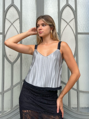 Top Blusa Fiesta Breteles Puntilla Reversible Plisado Encaje