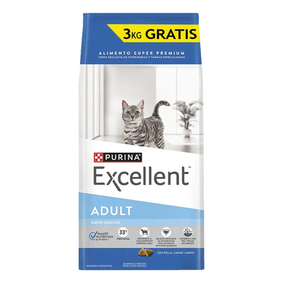 Alimento Purina Excellent Para Gato Adulto Sabor Pollo, Carne Y Arroz En Bolsa De 18 Kg | Envío gratis