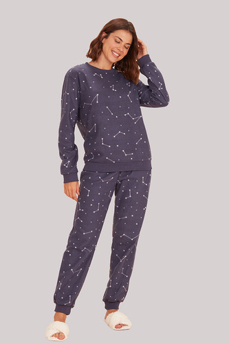 Pijama Feminino Adulto Manga Longa Polar Fleece Constelação 