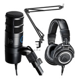 Kit Completo Microfone Audio-technica At2040 Usb + Fone M50x Cor Preto