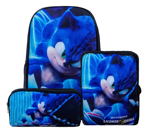 Set 3 Mochila Lunchera Lapicera Lona Escolar Sonic El Erizo