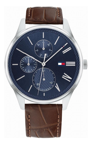 Reloj Tommy Hilfiger Para Hombre 1791847 Ss Color De La Malla Marrón Color Del Bisel Plateado Color Del Fondo Azul Acero