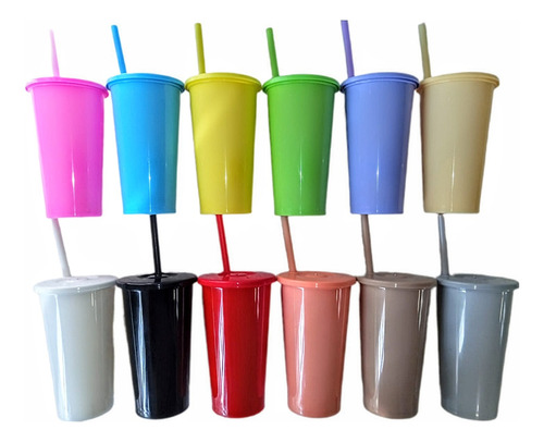 20 Vasos Solidos Reutilizable Tapa Plana Y Popote Hot & Cold