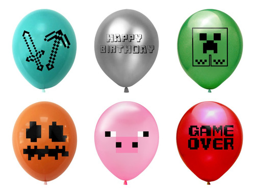 Pack 6 Globos Látex Minecraft Cumpleaños