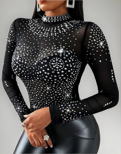 Pantiblusa Body Para Dama Negro Con Brillos