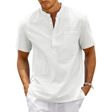 Camiseta Henley De Manga Corta Para Hombre, Lino Y Algodón