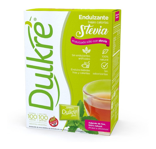 Endulzante Dulkré Stevia 100% Natural X 100 Sobres/sachets