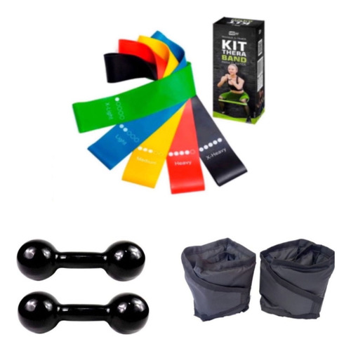 Kit Funcional Halter 3kg + Caneleira 3kg + Kit Theraband Cor Preto