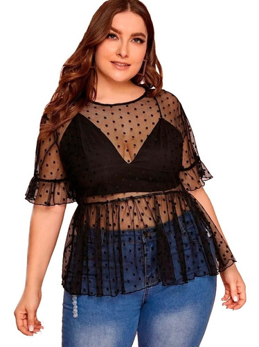 Blusa Remera Shein Transparente Lunares Peplum Plus Size