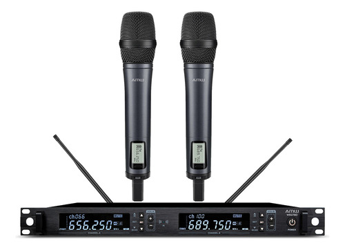 Amw Au600 V2 Microfone Sem Fio Duplo Profissional Diversity Digital Uhf Duplo Com Displays Lcd Grandes + Estojo Incluso