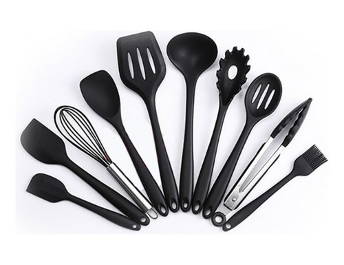 Jogo 10 Colheres De Silicone Cabo Inox Utensílios Cozinha