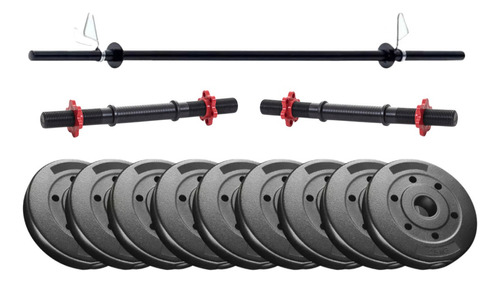 Barra + 2 Mancuernas Tope Rosca + 30 Kg En Discos Set Kit Color Negro 6 De 5 Kg - Mancuerna Pvc Mir