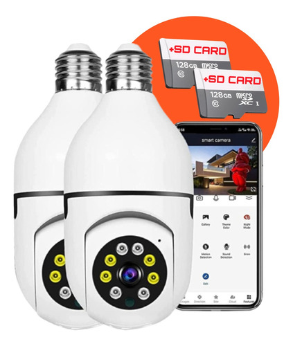 Kit 2 Câmeras Smart Lâmpada Wifi Led Cartão Memória Sd 128gb