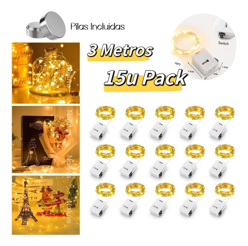 Alambre De Led 3mts Luz Con Pila Pack X15 Navidad Decoración