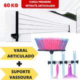 Varal Articulado Suporta 60kg Roupa + Suporte De Vassoura Cor Preto